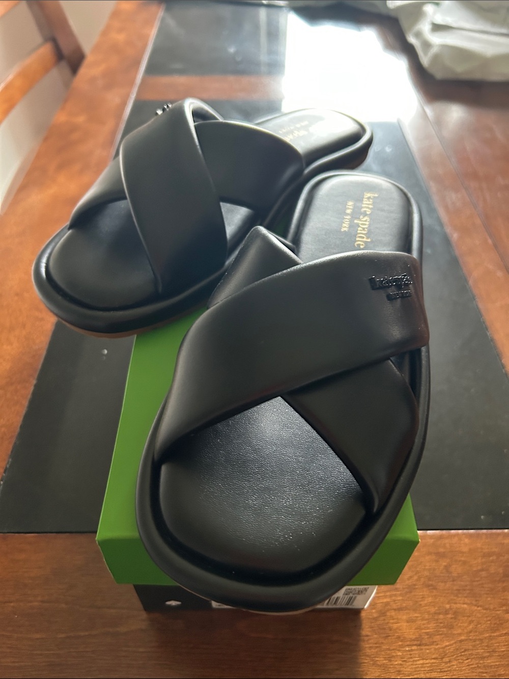 kate spade Black Padded Crossband Slide Sandals